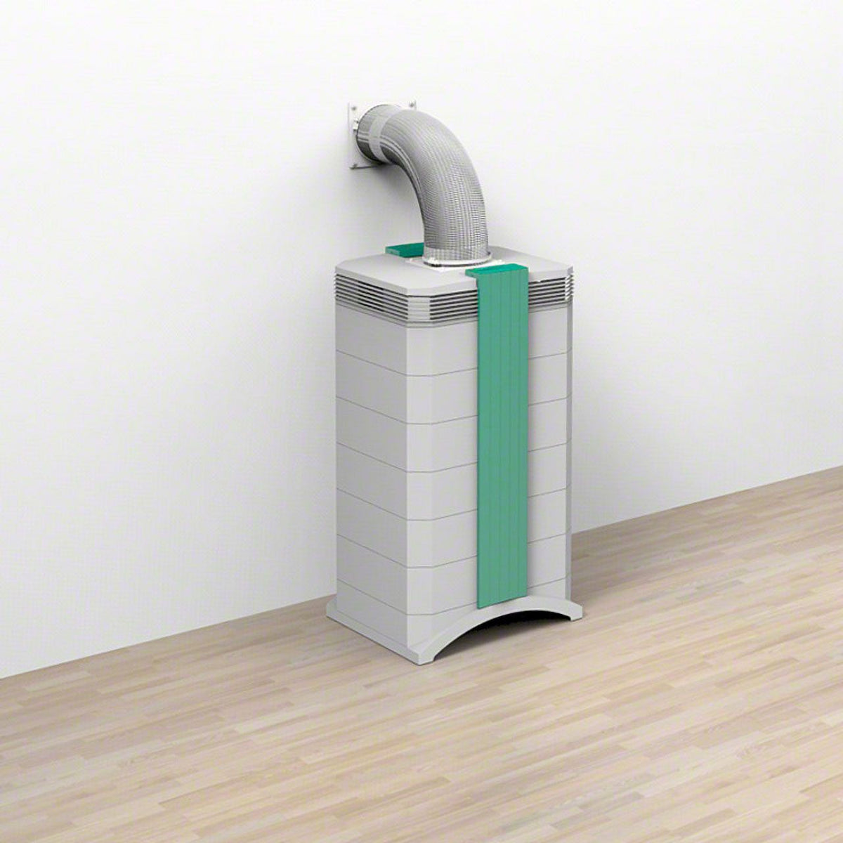 IQAir OutFlow W125 an Luftreiniger montiert mit Abluftschlauch durch die Wand, Illustration