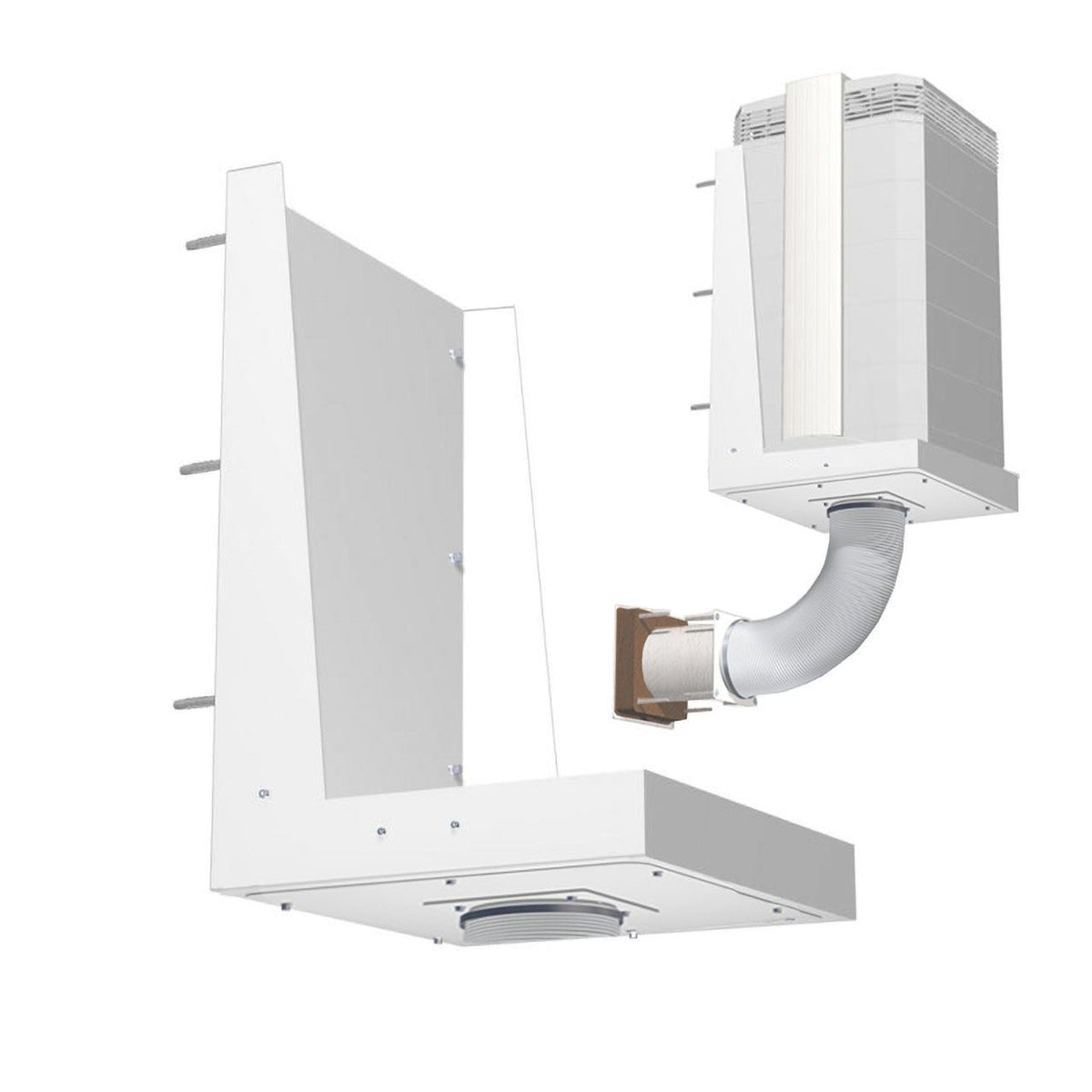 IQAir VM InFlow W125 als 3D-Grafik, Montageplatte und Filtergehäuse mit Zuluftschlauch, weiß
