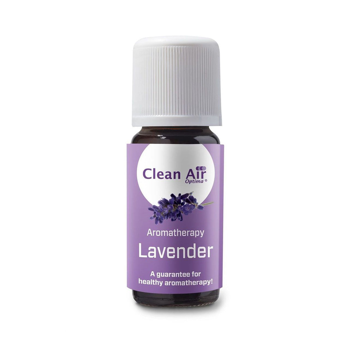 Clean Air Optima Ätherisches Öl Lavendel, Flasche mit violettem Etikett und Lavendelblüten-Motiv