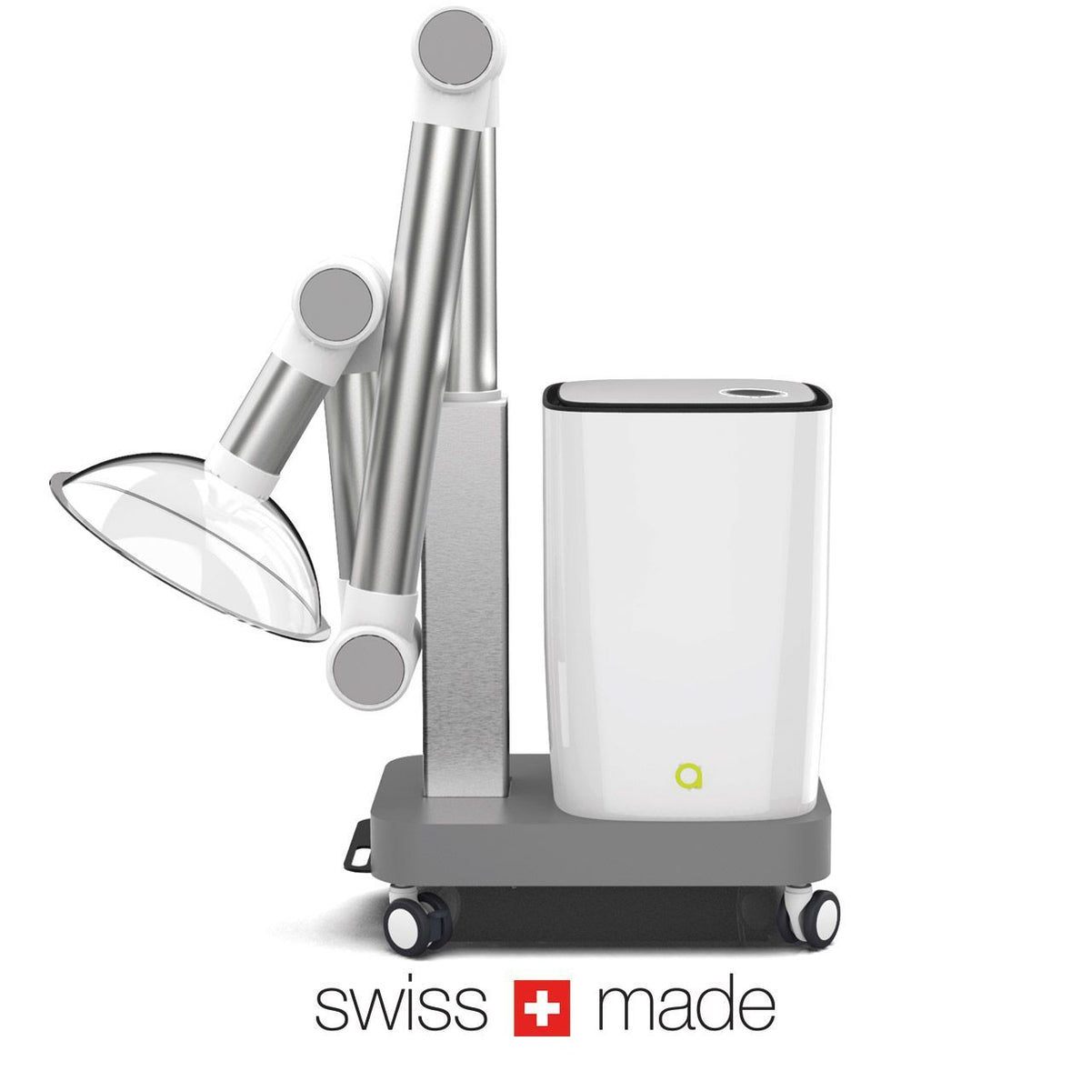 Aeris aair MICU Luftreiniger auf Rollwagen mit schwenkbarem Arm und Trichteraufsatz, „swiss made“-Logo