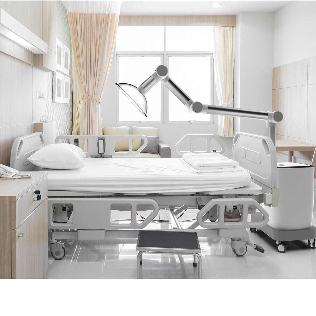 Aeris aair MICU Luftreiniger mit Schwenkarm neben Pflegebett in einem Krankenzimmer