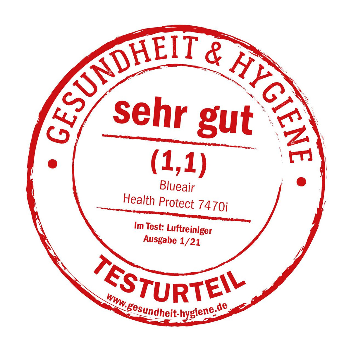 Testsiegel „Gesundheit & Hygiene“, Testurteil „sehr gut“ (1,1) für Blueair Health Protect 7470i