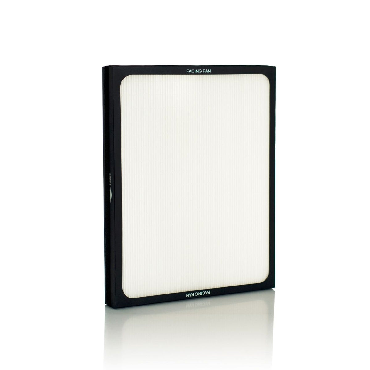 Blueair Rauchstopp-Filter mit schwarzem Rahmen, Aufschrift „Facing Fan“, Schrägansicht