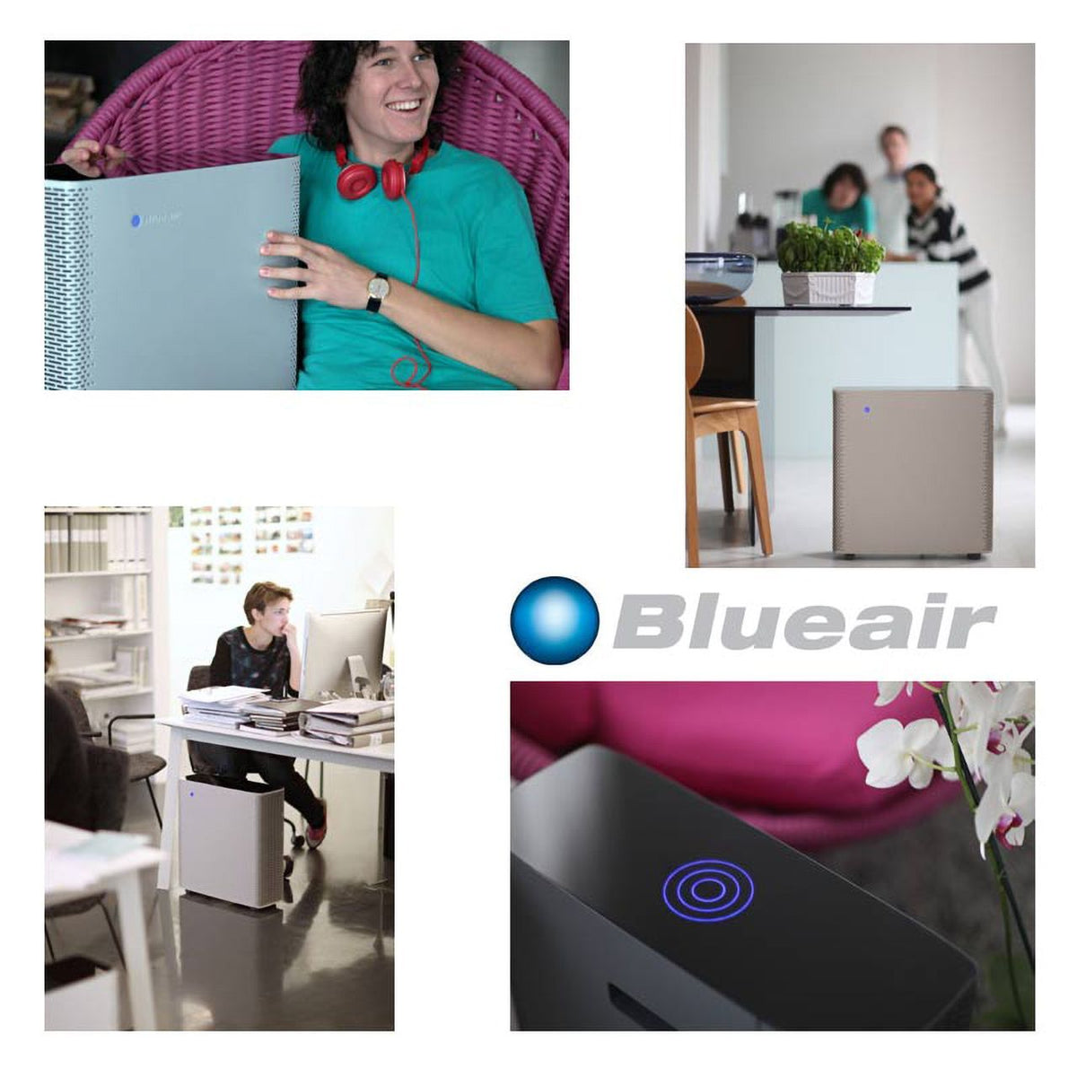 Bildcollage Blueair Sense Luftreiniger: Anwendungsszenen in Wohnraum, Büro und Küche, Logo, Detail Touch-Bedienfeld