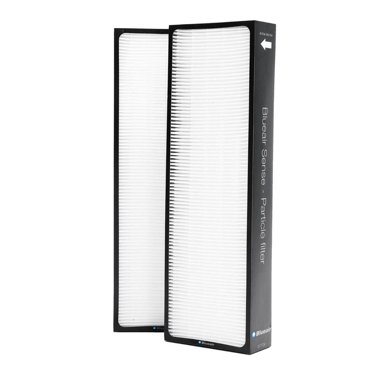 Blueair Sense Partikelfilter, zwei gefaltete Filter mit weißem Filtermaterial und schwarzem Rahmen