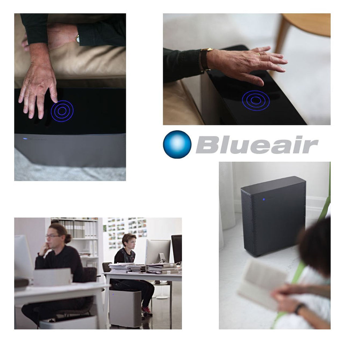 Bildcollage Blueair Sense Luftreiniger: Touch-Bedienfeld, Logo, Einsatz im Büro und Wohnraum