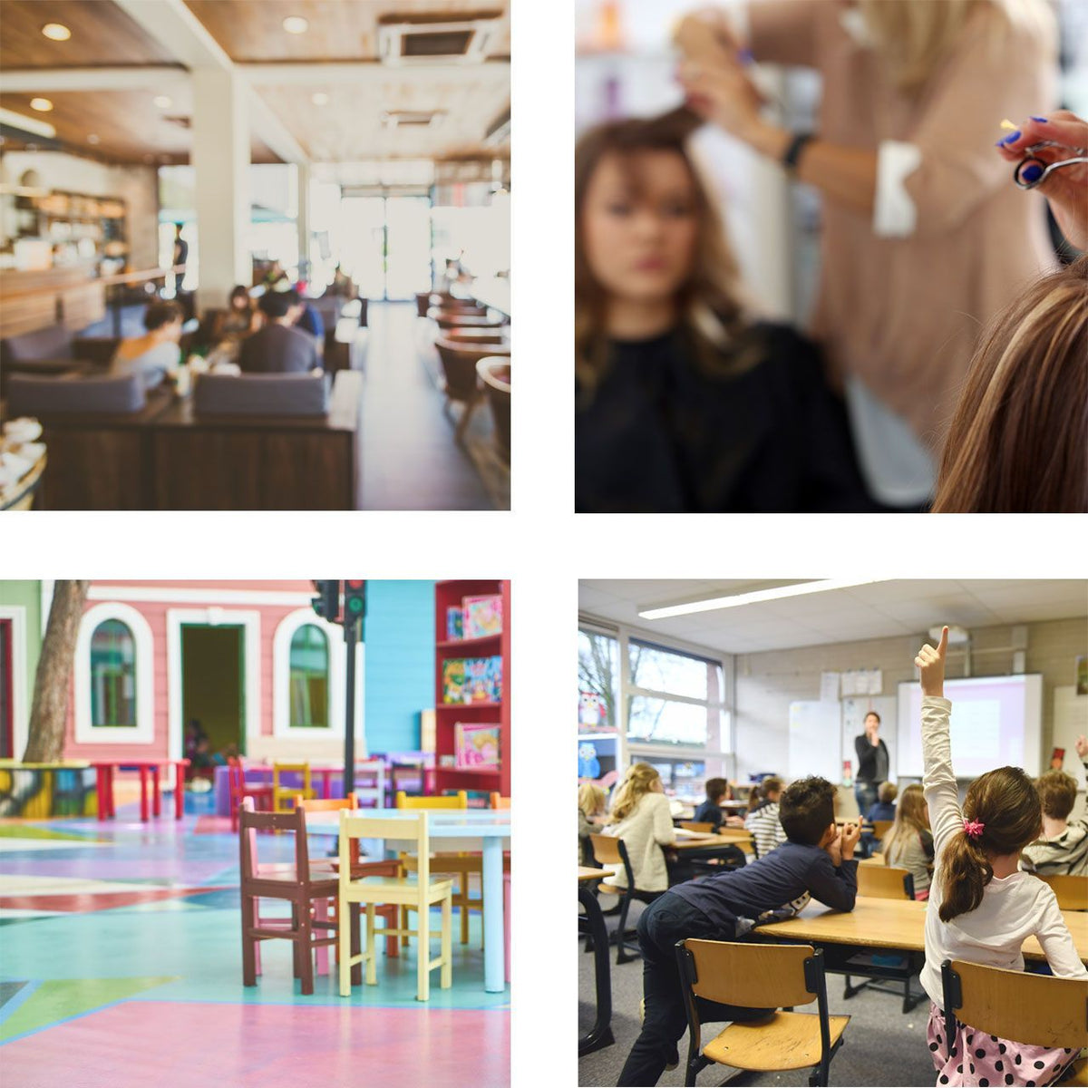 Café, Friseursalon, Kita und Klassenzimmer als Symbolbild für Einsatzorte des HS Solution RLF Luftreinigers