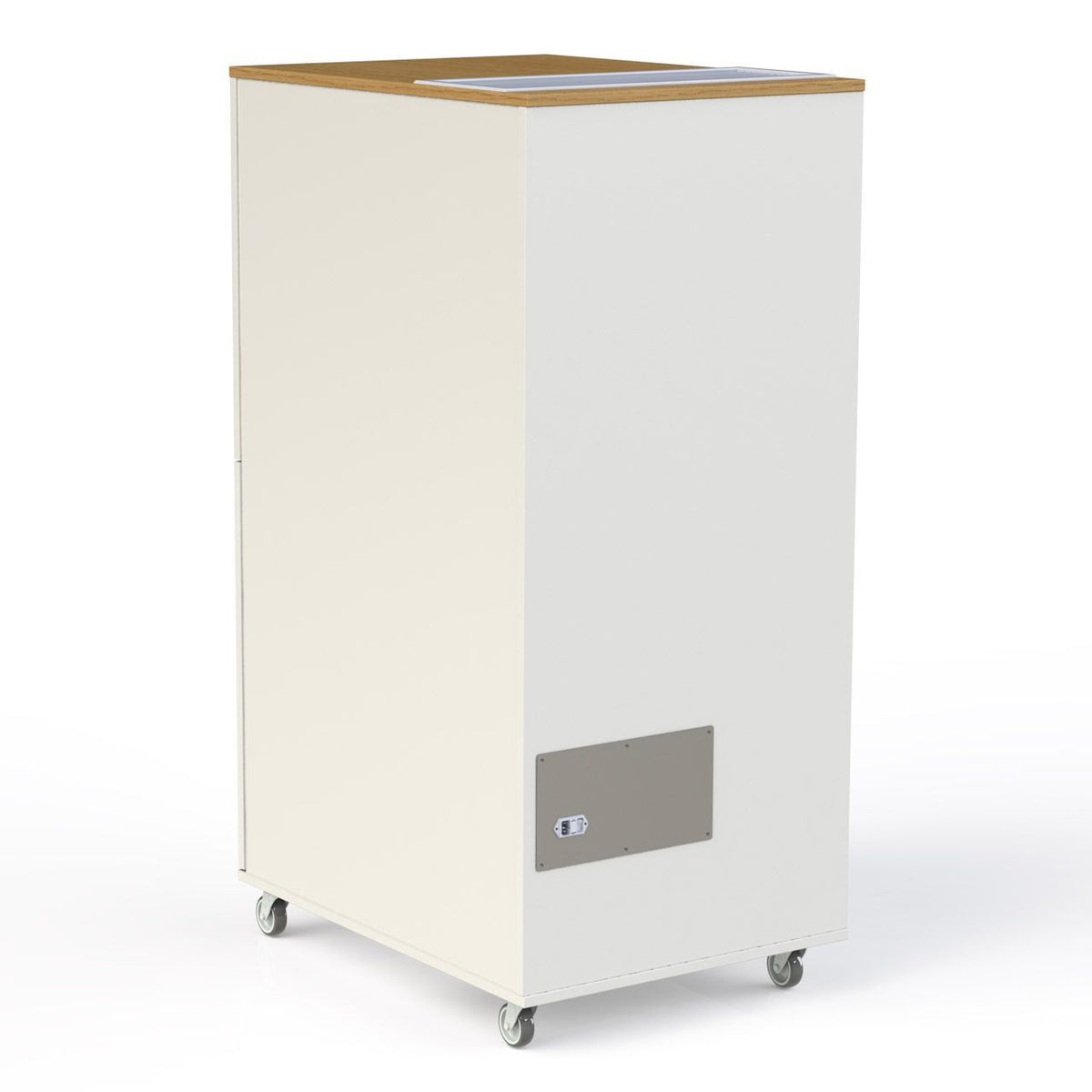 HS Solution RLF 1500 ECO Luftreiniger, cremeweißes Gehäuse mit Holzdekor-Deckplatte, Rückansicht auf Rollen