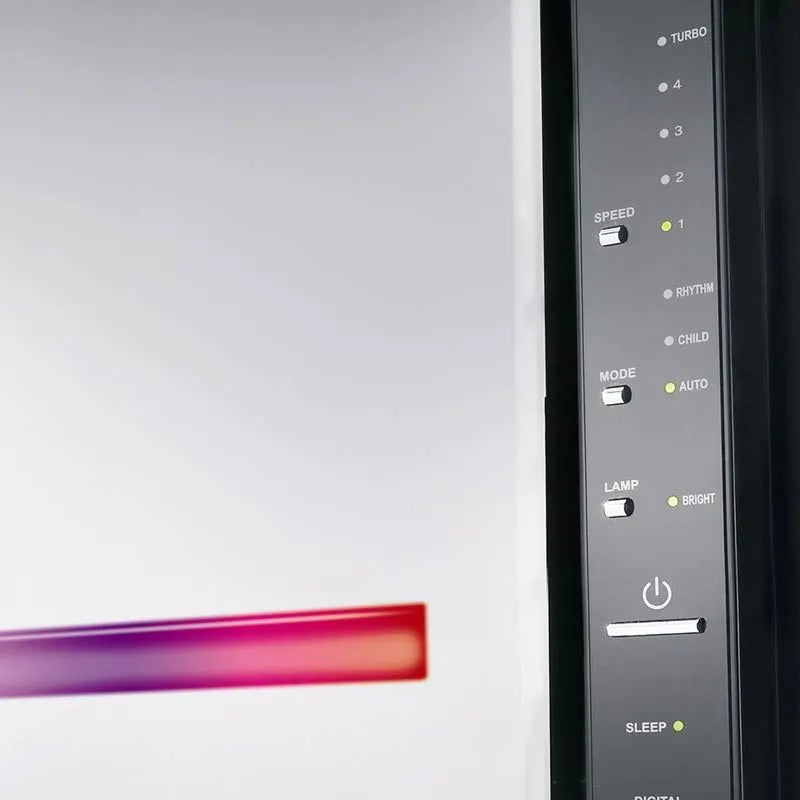 Nahaufnahme des Bedienfelds des Zepter Therapy Air iON Luftreinigers mit Tasten für Speed, Mode, Lamp und Power