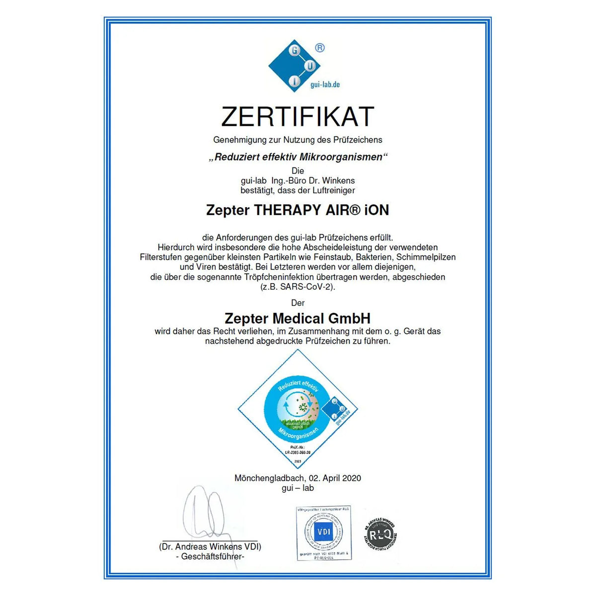 gui-lab Zertifikat „Reduziert effektiv Mikroorganismen“ für den Zepter Therapy Air iON Luftreiniger