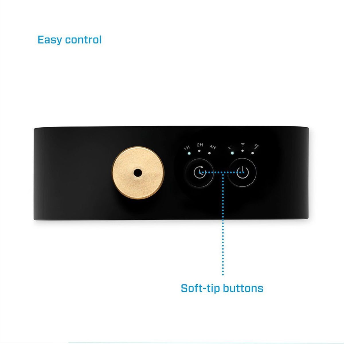 Draufsicht auf die Bedienelemente des Clean Air Optima® Aroma-Diffusers Aromatic™ mit Touch-Tasten und Timer-Anzeige, schwarz