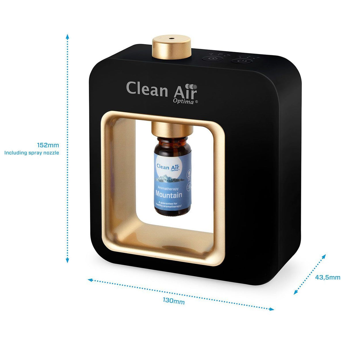 Clean Air Optima Aroma-Diffuser „Aromatic“ in Schwarz-Gold mit Maßangaben 152 x 130 x 43,5 mm