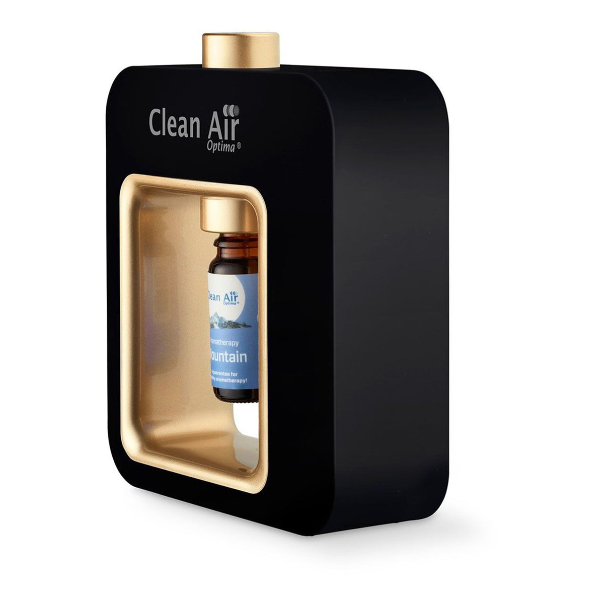 Clean Air Optima Aroma-Diffuser Aromatic in Schwarz mit Golddetails, Duftfläschchen im Sichtfenster, Seitenansicht