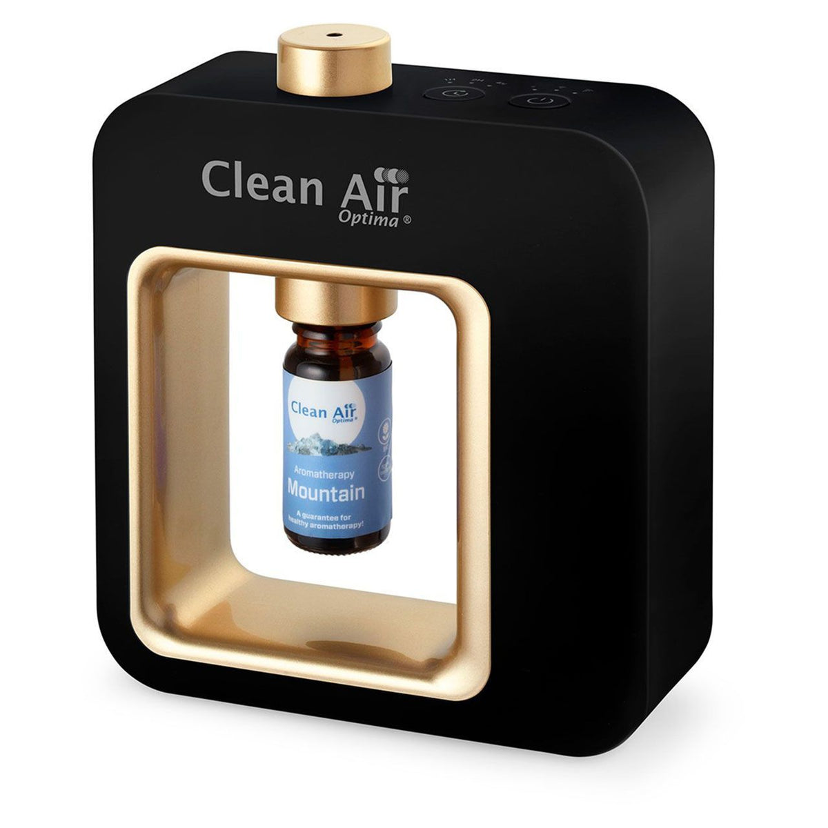 Clean Air Optima Aroma-Diffuser „Aromatic“ in Schwarz-Gold mit Duftflasche „Mountain“ im Gehäuse
