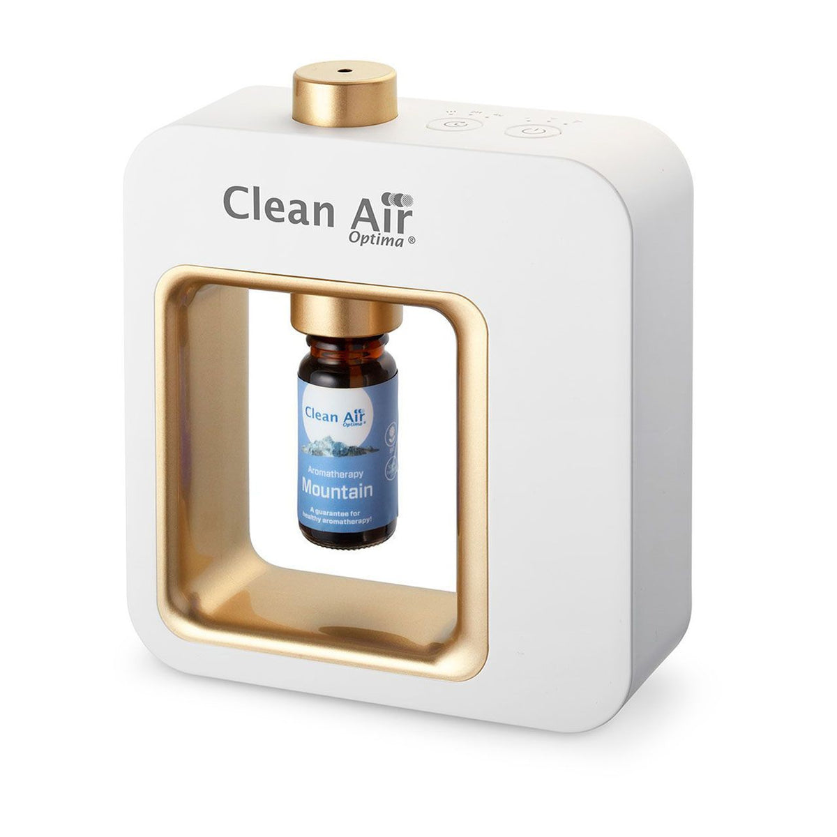 Clean Air Optima Aroma-Diffuser „Aromatic“ in Weiß mit goldenem Rahmen und Duftflasche „Mountain“