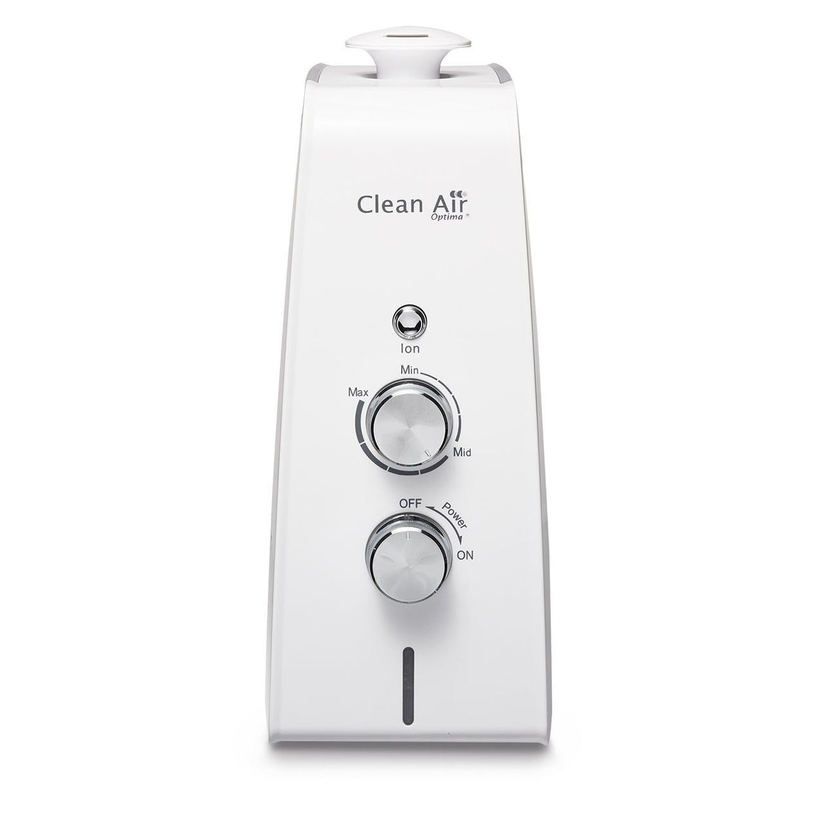 Clean Air Optima CA-602 Luftbefeuchter in Weiß, Frontalansicht mit Bedienreglern für Ion, Stärke und Ein/Aus