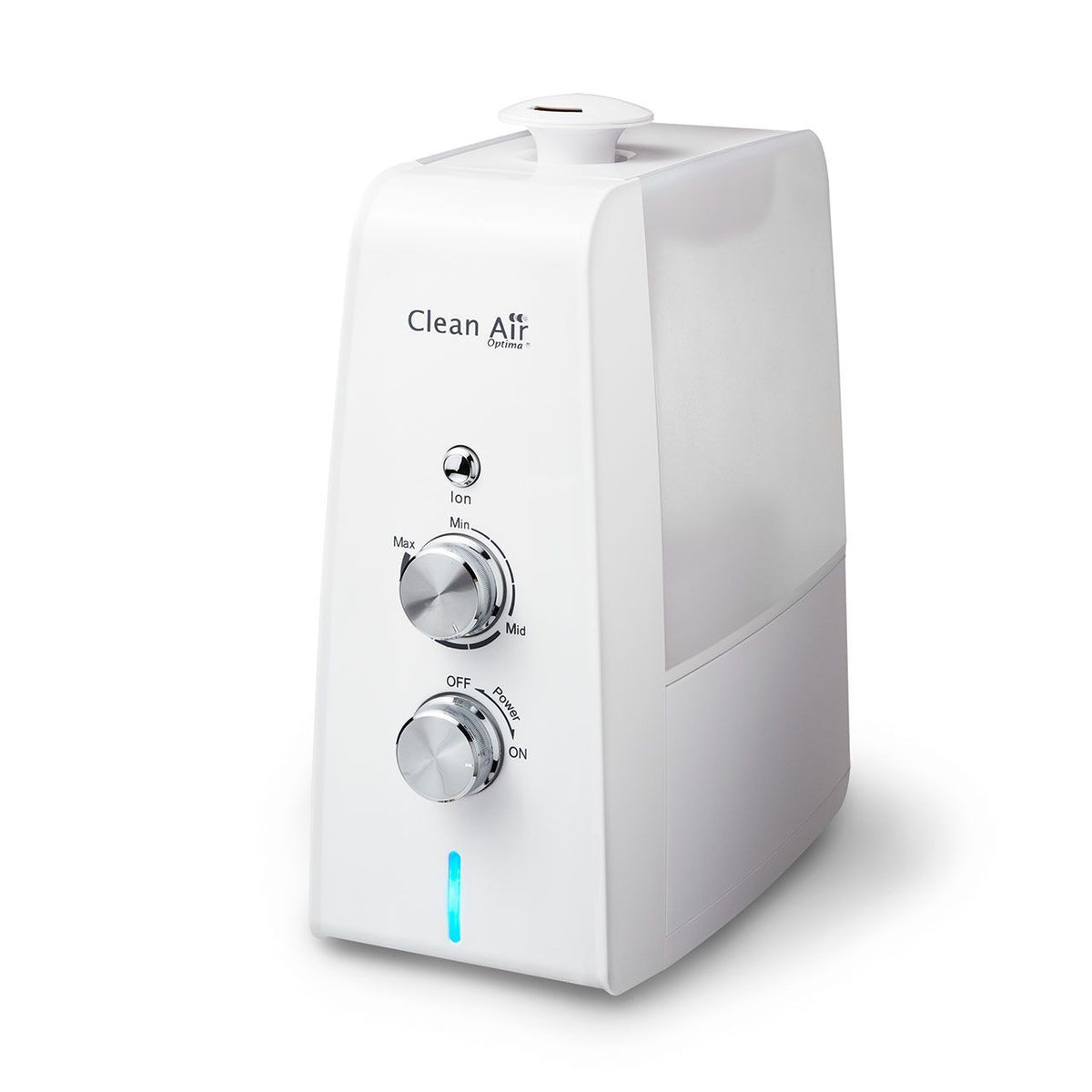 Clean Air Optima CA-602 Luftbefeuchter in Weiß, Seitenansicht mit Ion-Regler und Power-Schalter