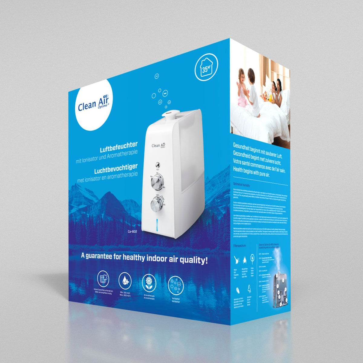 Verpackung des Clean Air Optima® CA-602 Luftbefeuchters mit Ionisator und Aromatherapie, weiß