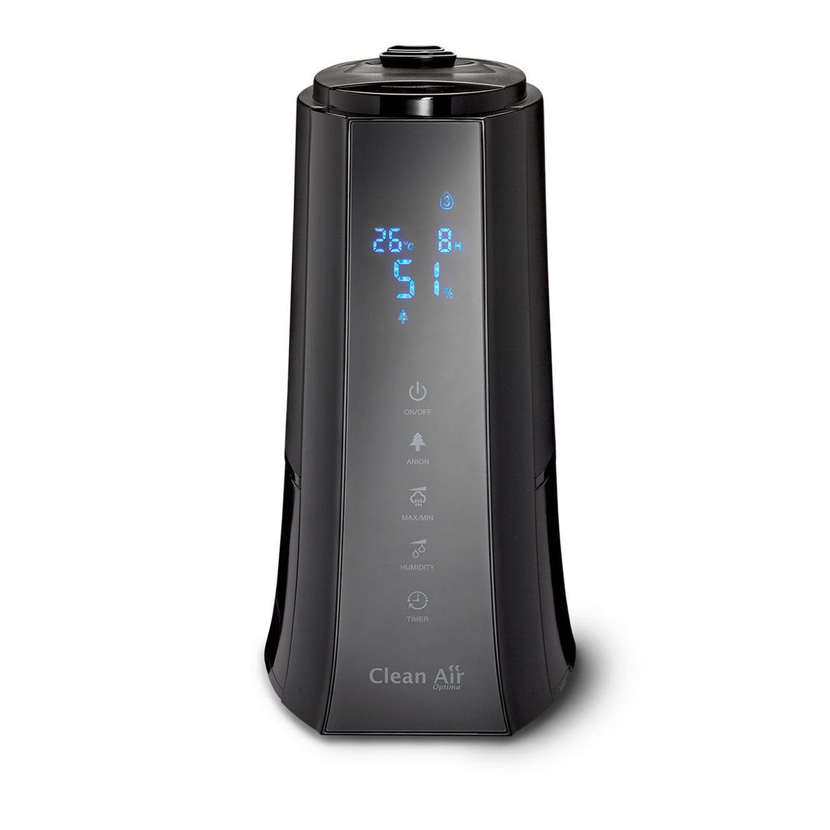 Clean Air Optima CA-603 Luftbefeuchter in Schwarz, Frontalansicht mit Display bei 26°C und 51% Luftfeuchtigkeit
