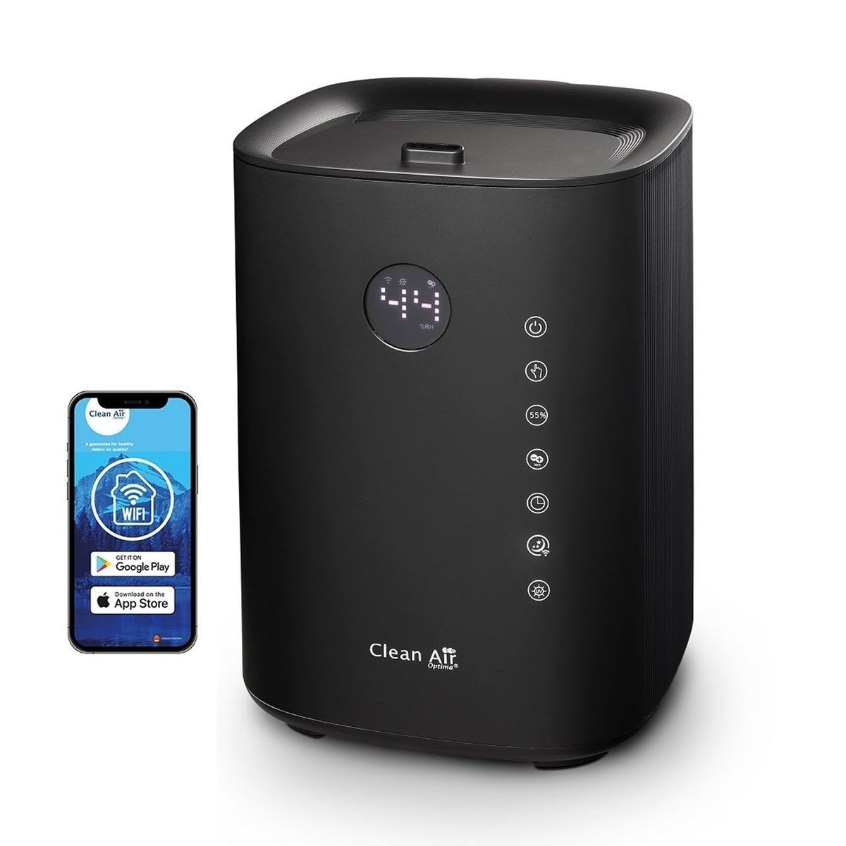 Clean Air Optima CA-604 Smart Luftbefeuchter in Schwarz mit Bedienfeld, daneben Smartphone mit App und WiFi-Symbol