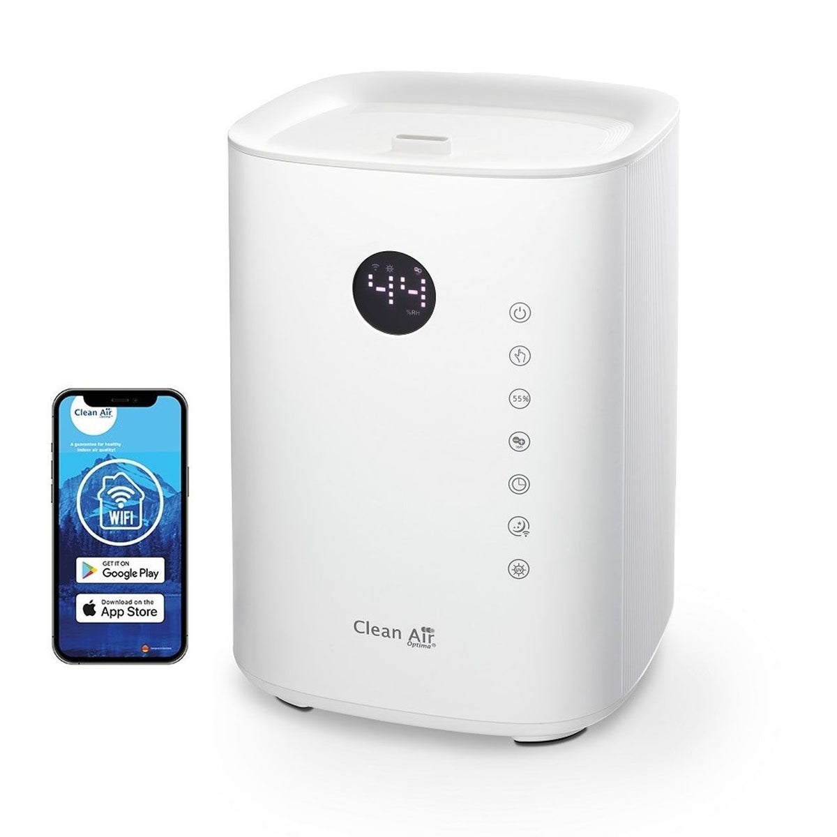 Clean Air Optima CA-604 Smart Luftbefeuchter in Weiß mit Display, neben Smartphone mit WiFi-App-Anzeige