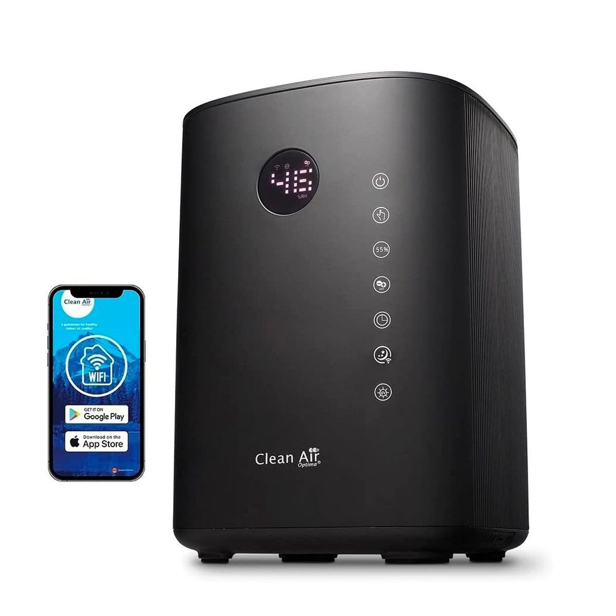 Clean Air Optima CA-605 Smart Luftbefeuchter in Schwarz mit Touch-Bedienfeld neben Smartphone mit App