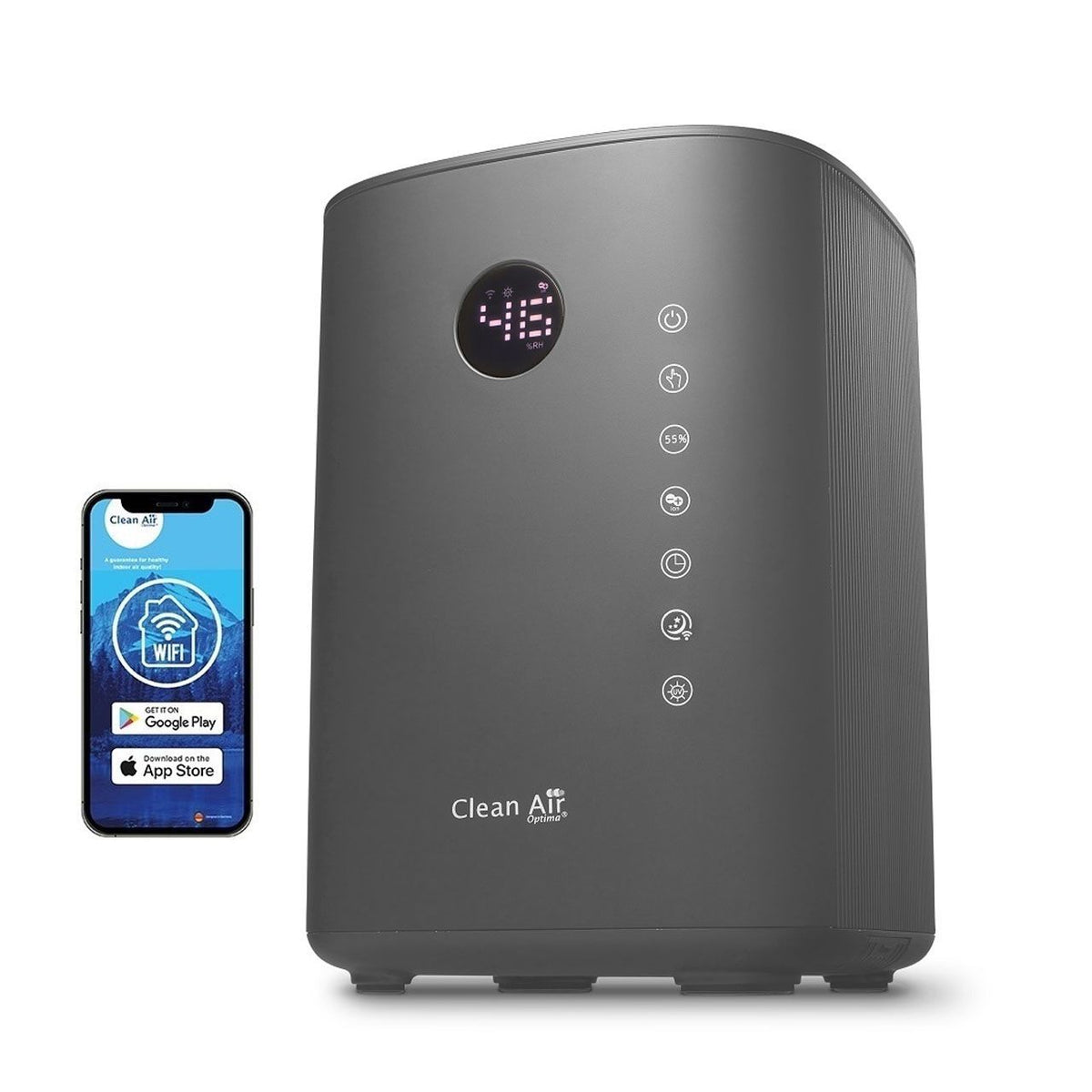 Clean Air Optima CA-605 Smart Luftbefeuchter in Titan mit Bedienfeld, daneben Smartphone mit WLAN-App