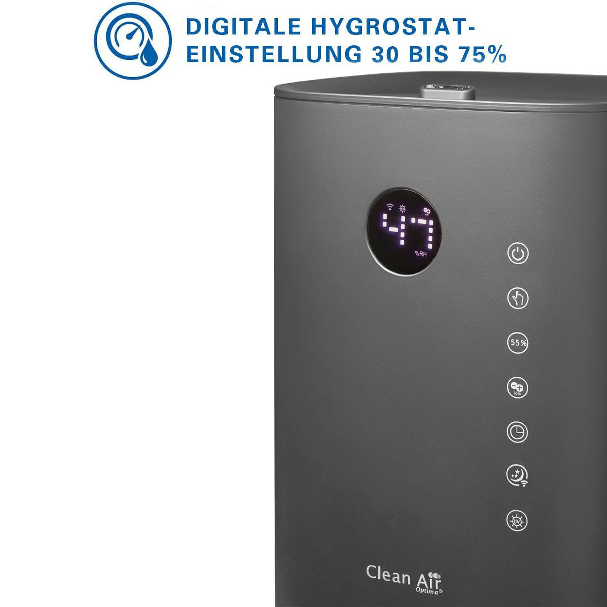 Nahaufnahme des Bedienfelds des Clean Air Optima CA-605 Luftbefeuchters mit digitaler Hygrostat-Anzeige „47 %RH“