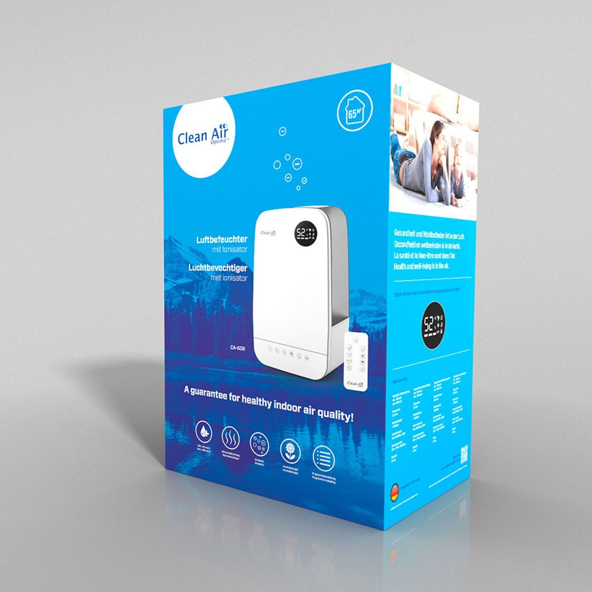 Verpackung des Clean Air Optima CA-606 Luftbefeuchters mit Ionisator, blaues Design mit Geräteabbildung