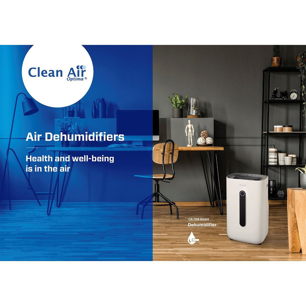 Clean Air Optima CA-708 Smart Luftentfeuchter, weiß, in Büroszene neben Schreibtisch und Regal