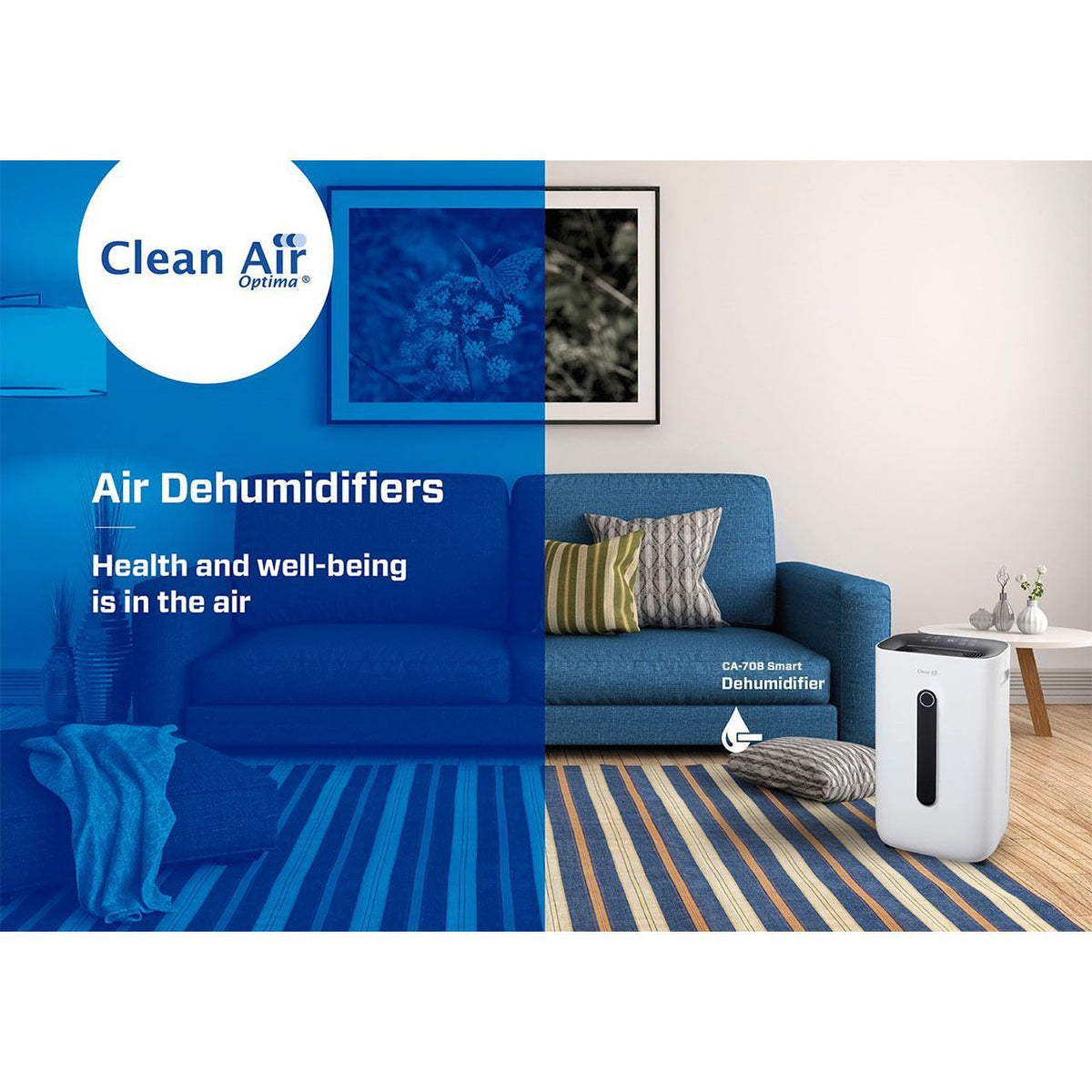 Clean Air Optima CA-708 Smart Luftentfeuchter, weiß, neben Sofa im Wohnzimmer