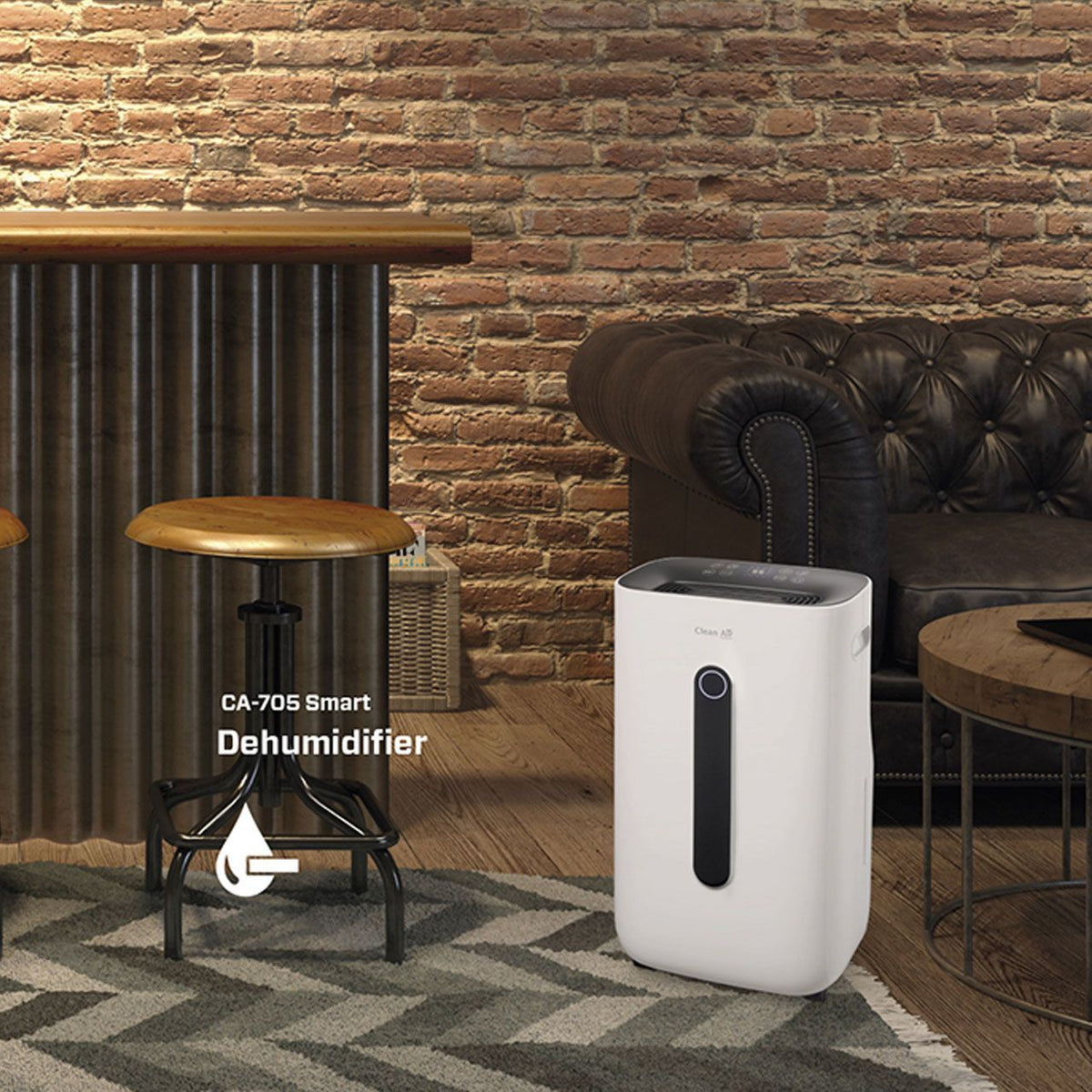 Clean Air Optima CA-705 Smart Luftentfeuchter in Weiß auf Teppich in industriell eingerichtetem Wohnraum