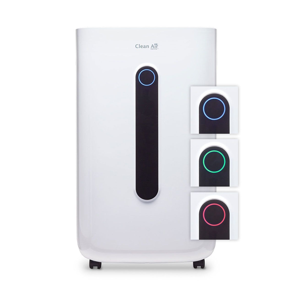 Clean Air Optima CA-706 Luftentfeuchter, weiß, mit Detailansicht der Bedienleuchte in Blau, Grün und Rot