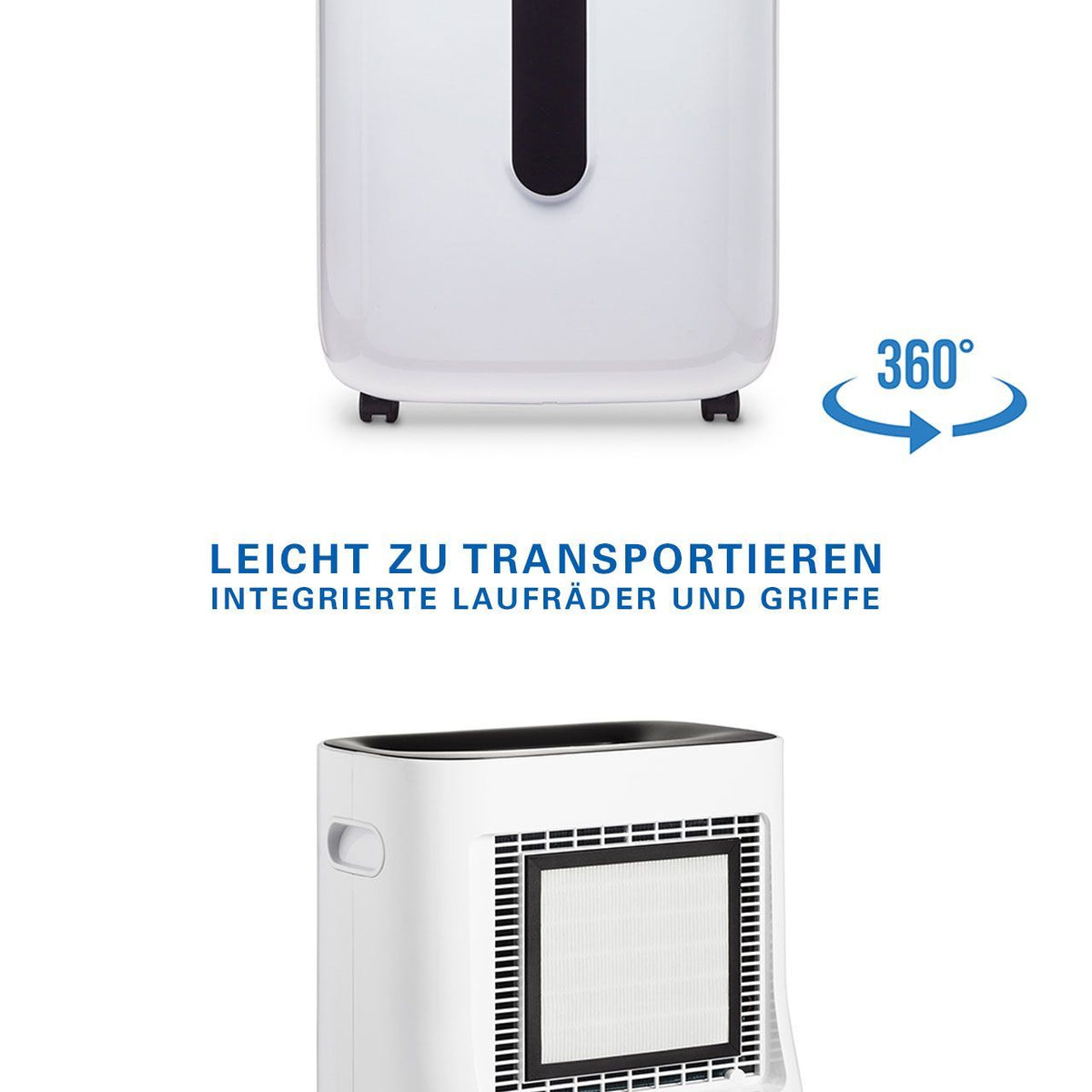 Clean Air Optima CA-706 Luftentfeuchter mit Laufrollen, Griff und Filter, Grafik „Leicht zu transportieren“