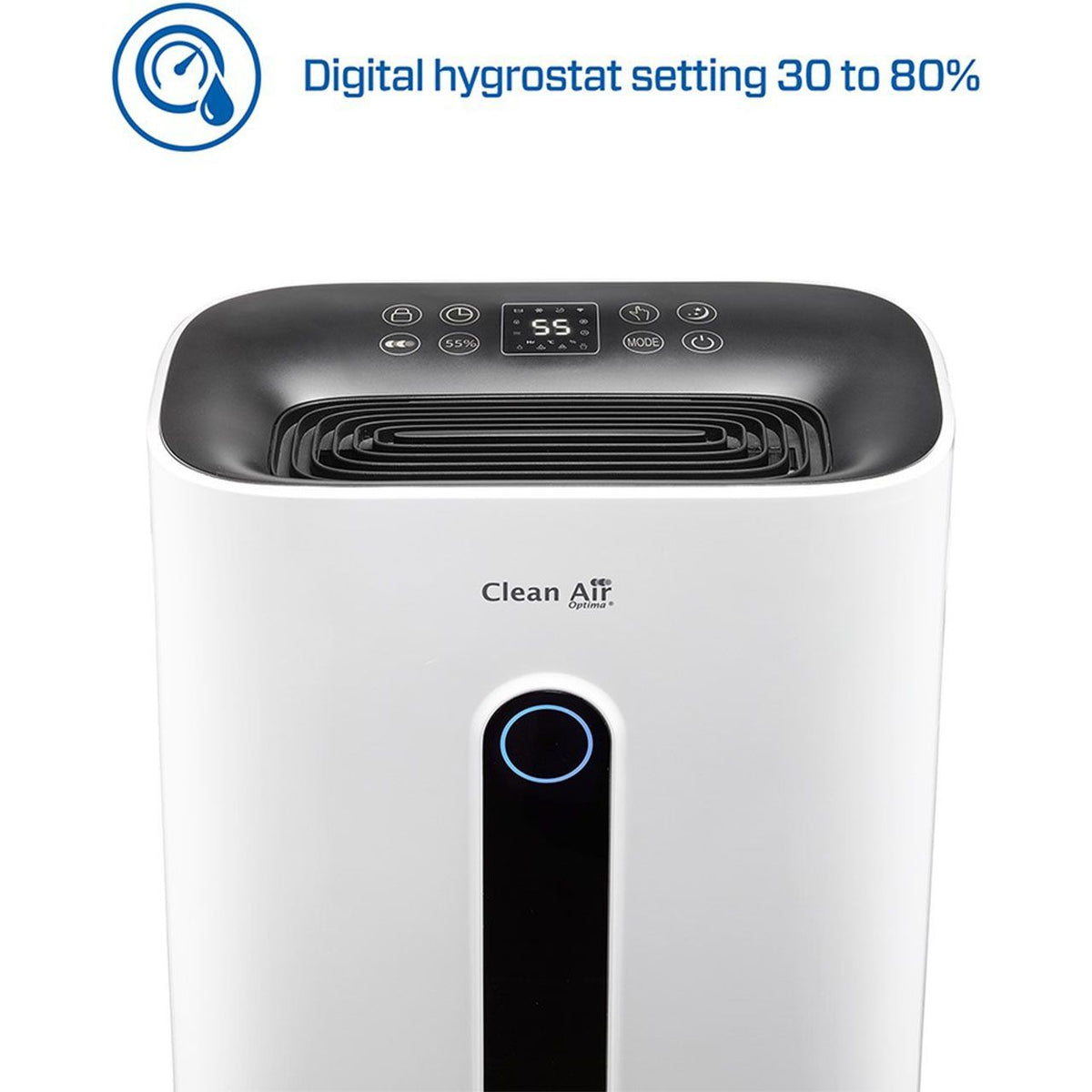 Nahaufnahme des Bedienfelds des Clean Air Optima CA-708 Luftentfeuchters mit digitaler Anzeige „55%“