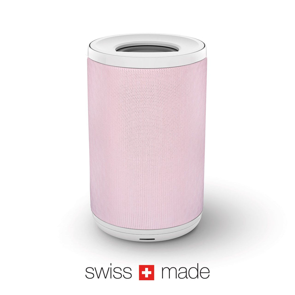Aeris aair LITE Luftreiniger in Quartz Pink mit Stoffbezug, Frontalansicht mit „swiss made“-Logo