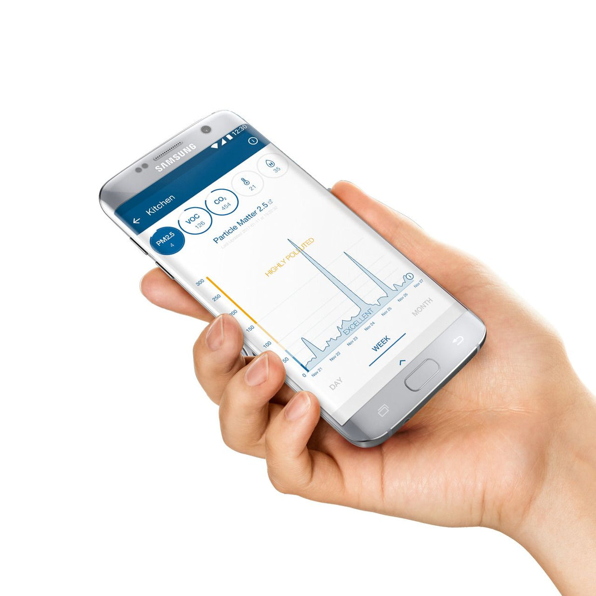 Hand hält Smartphone mit Blueair-App, Anzeige von Feinstaub-, VOC- und CO2-Werten im Verlauf