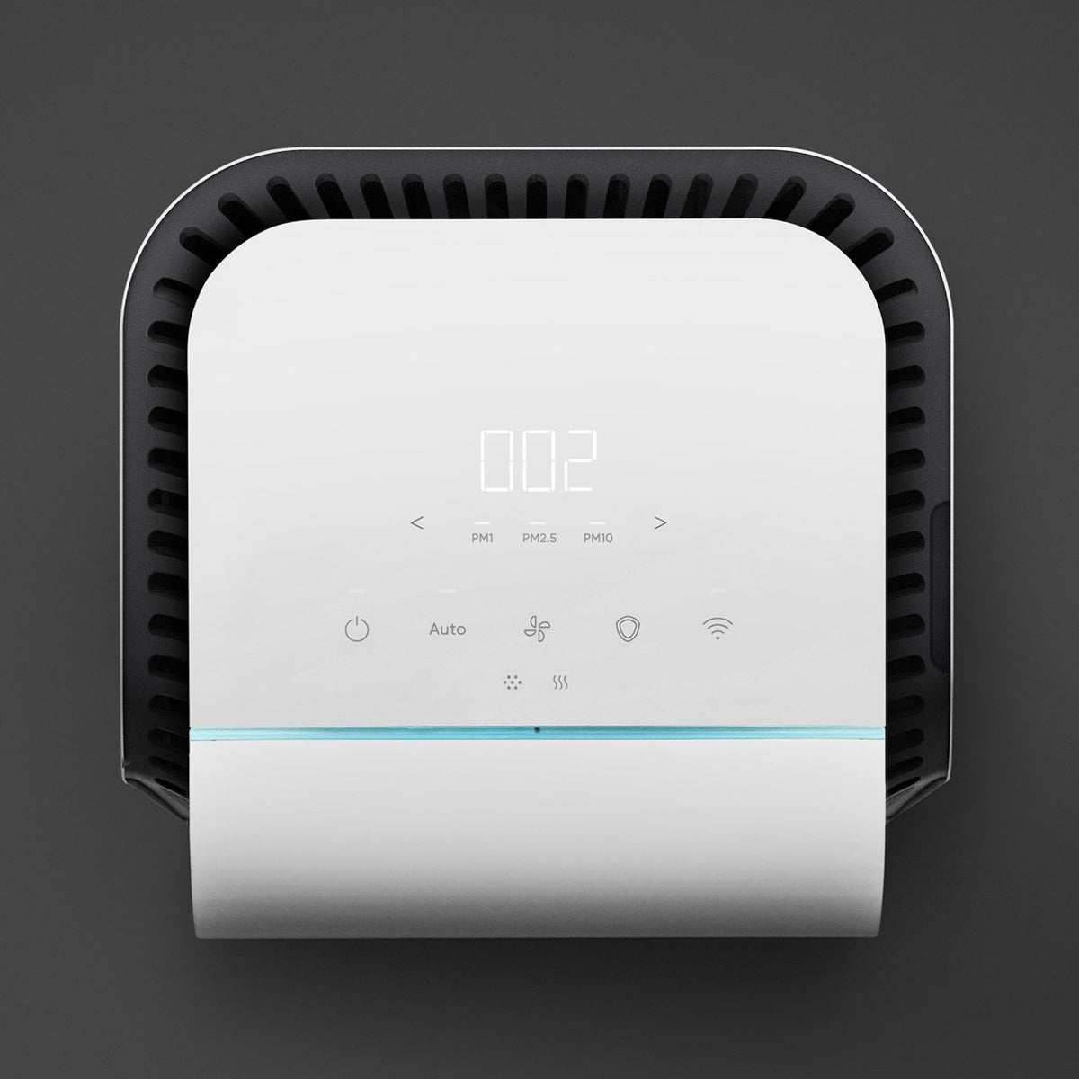 Blueair HealthProtect 7440i Luftreiniger, weiß, Draufsicht mit Bedienfeld und PM2.5-Anzeige „002“
