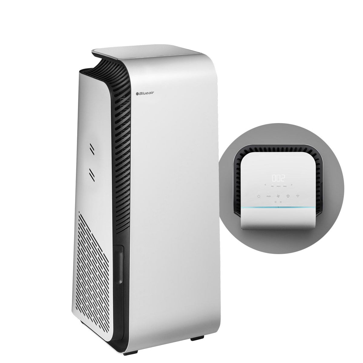 Blueair HealthProtect 7440i Luftreiniger in Weiß, Gesamtansicht mit Detailausschnitt des Bedienfelds mit Display