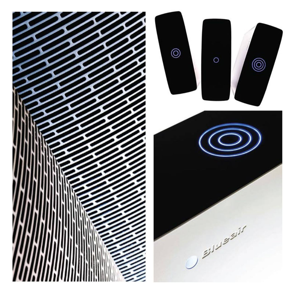 Blueair Sense Luftreiniger: Metallgitter-Detail, Touch-Bedienfeld mit Ringsymbolen und Bedienfeld-Leuchtring in Blau