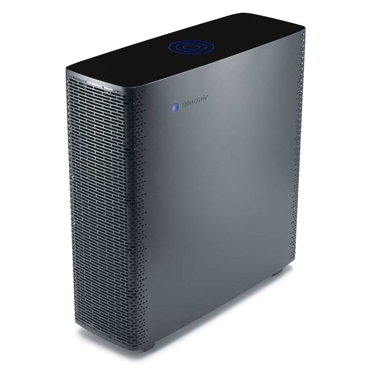Blueair Sense Luftreiniger in Graphite Black, Schrägansicht mit Lüftungsgittern und Touch-Bedienfeld