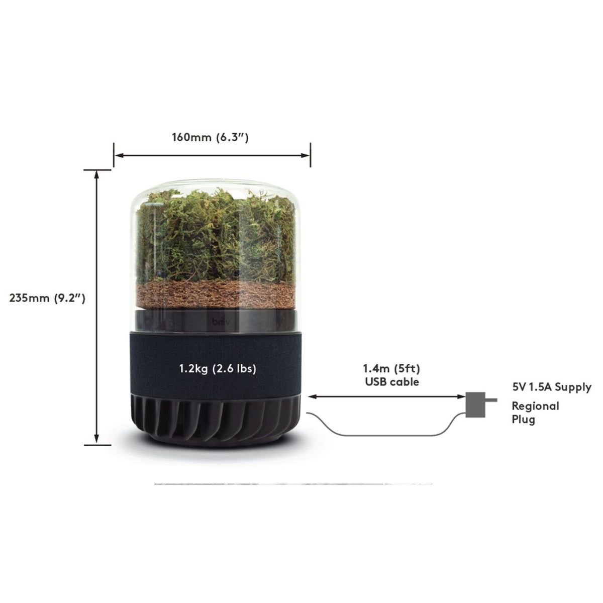 Briiv Luftreiniger mit Moos-Filter, Maßgrafik zu Höhe 235 mm, Breite 160 mm, Gewicht 1,2 kg und USB-Kabel