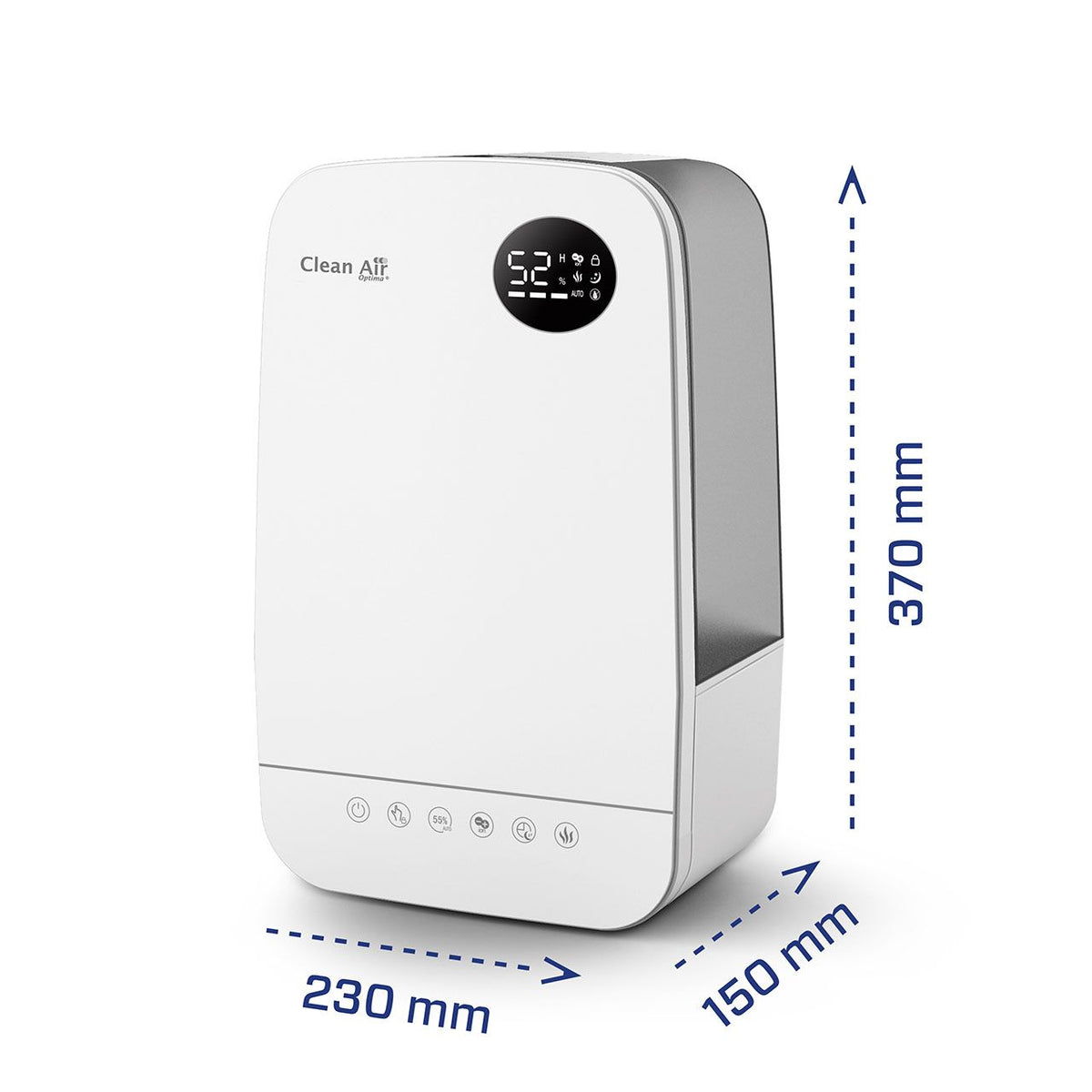 Clean Air Optima CA-606 Luftbefeuchter in Weiß mit Maßangaben 230 x 150 x 370 mm
