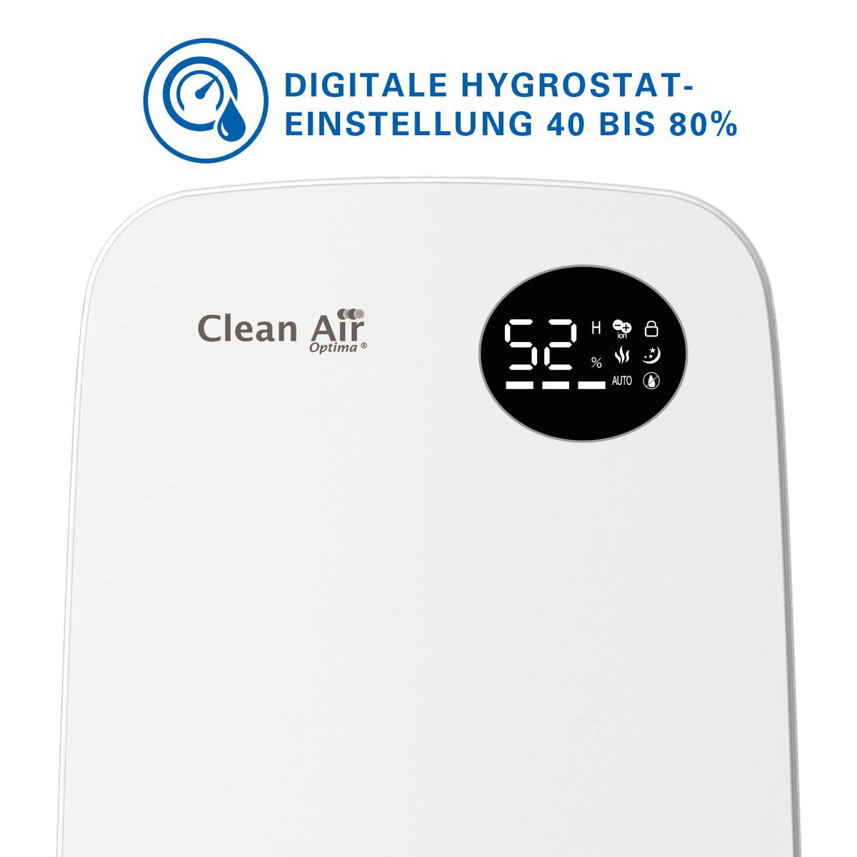Nahaufnahme des Displays des Clean Air Optima CA-606 Luftbefeuchters mit Feuchtigkeitsanzeige „52%“ und Symbol für Hygrostat-Einstellung 40 bis 80%