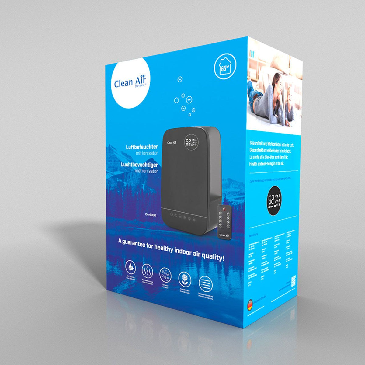 Verpackung des Clean Air Optima CA-606 Luftbefeuchters mit Ionisator in Schwarz, Produktabbildung und Icons