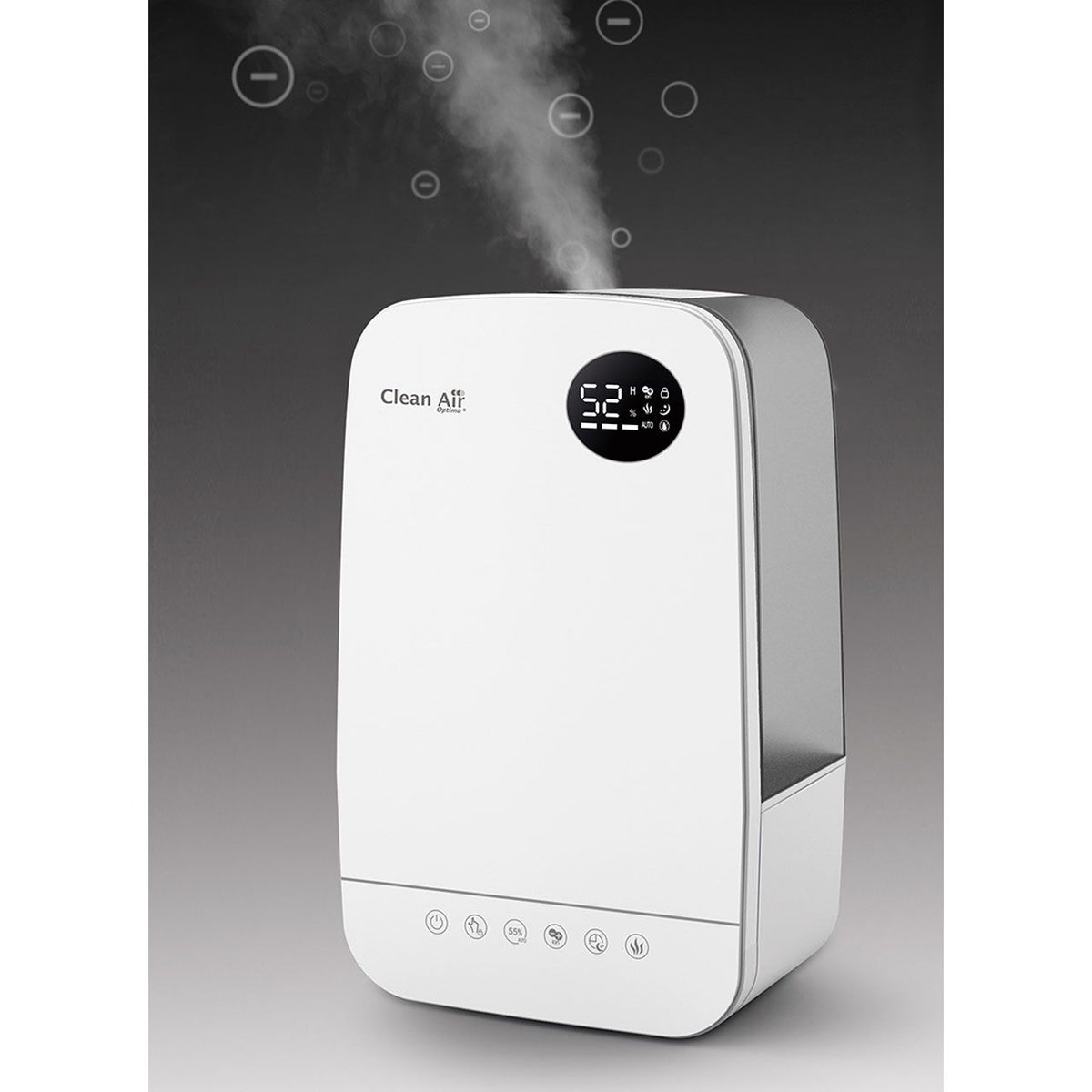 Clean Air Optima CA-606 Luftbefeuchter in Weiß mit aufsteigendem Dampf und Display bei 52 %