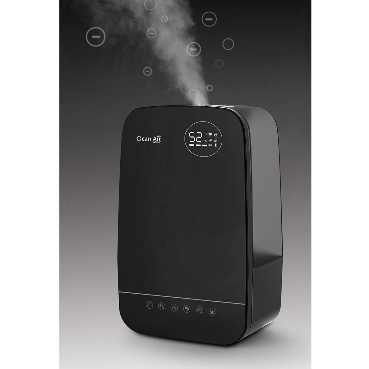 Clean Air Optima CA-606 Luftbefeuchter in Schwarz mit Touch-Display und aufsteigendem Dampf