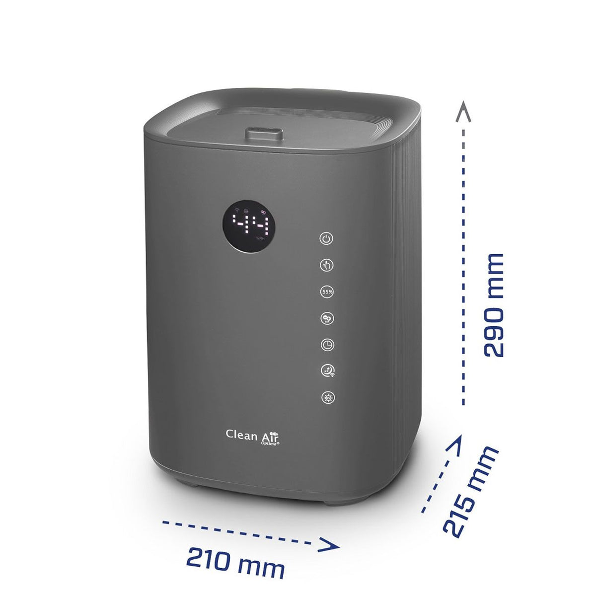 Clean Air Optima CA-605 Smart Luftbefeuchter in Titan mit Maßangaben 210 x 215 x 290 mm