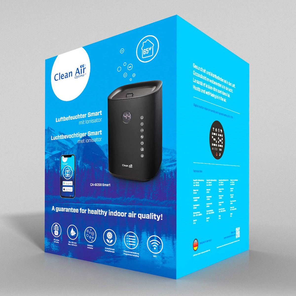 Verpackung des Clean Air Optima CA-605 Smart Luftbefeuchters in Schwarz, Schrägansicht mit Produktabbildung und Icons