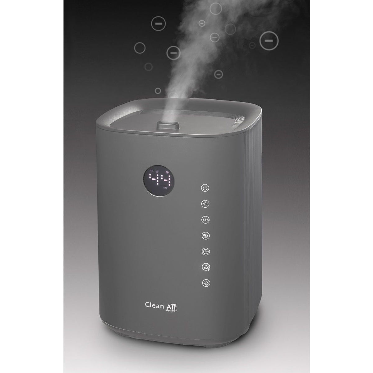 Clean Air Optima CA-605 Smart Luftbefeuchter in Titan mit aufsteigendem Dampf, Bedienfeld mit Symbolen